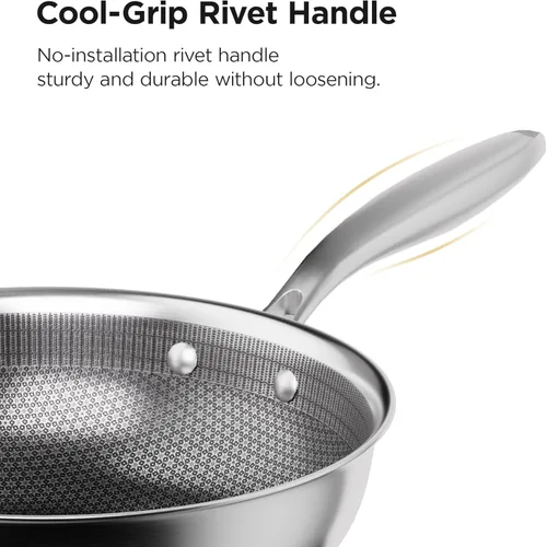 Miniatura 5 de COOKER KING Wok híbrido de acero inoxidable de 12 pulgadas con tapa, sartén antiadherente y sartén profunda, bandeja diaria de panal revestida