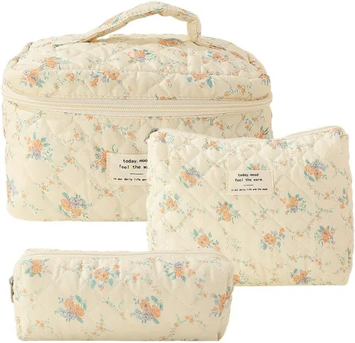 Miniatura 9 de Juoxeepy Bolsa de maquillaje de algodón, bolsa de cosméticos de viaje, bolsa de cosméticos acolchada, bolsa de aseo floral estética coqueta A01-3pcs