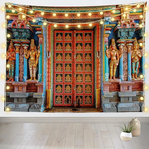 CORFOTO Tapiz de tela colorida de 60 x 40 pulgadas para colgar en la pared, diseño de edificio religioso de India, para dormitorio, estética, sala