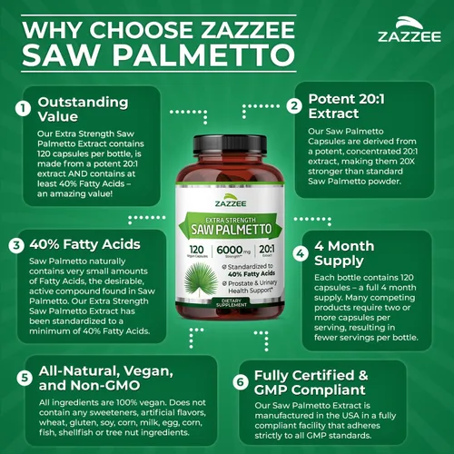 Miniatura 5 de Zazzee Extracto de Saw Palmetto 20:1 Extra Fuerte, 6000 mg de Fuerza, 40% Ácidos Grasos, 120 Cápsulas Veganas, Suministro de 4 Meses, Extracto