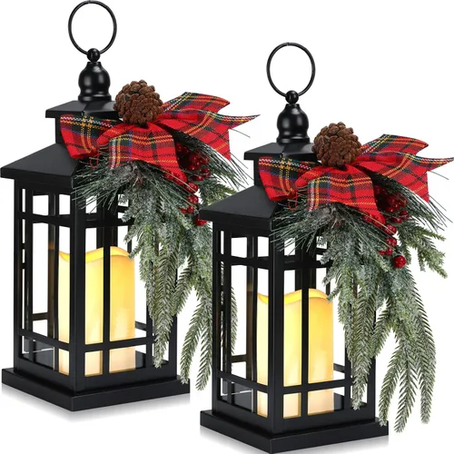 Tuanse 2 piezas de linternas decorativas de Navidad de metal negro para fiesta de Navidad, colgantes con velas, vintage, sin llama, decorativas con