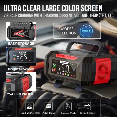 Miniatura 4 de NEXPEAK Cargador de batería de 15 A, cargador de goteo de 12 V/24 V, cargador de batería inteligente LiFePO4 de 9 etapas, mantenedor de batería