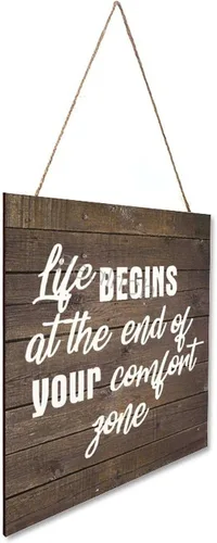 Miniatura 3 de PEALRICH Letrero colgante de madera con cita motivacional "Life Begins At The End Of Your Comfort Zone", placa artística para decoración de pared