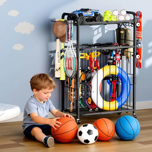 Miniatura 8 de Estante de almacenamiento para pelotas de garaje, organizador de equipo deportivo con ruedas, carrito de pelota deportiva con cuerda elástica