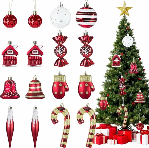 Adornos de Navidad, juego de 16 adornos de Navidad rojos y blancos con cuerdas para colgar, ideal para decoraciones de árbol de Navidad y detalles