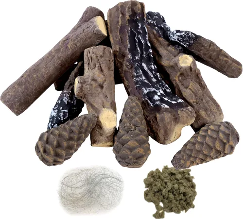 MrGas - Juego de 10 troncos de chimenea falsos de tamaño pequeño con conos de pino, insertos de gas para chimenea de madera de cerámica, troncos