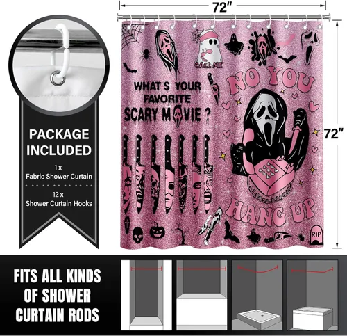 Miniatura 3 de KAIRA Cortina de ducha de Halloween, 72 x 72 pulgadas con ganchos, decoración de baño con cara espeluznante y aterradora, divertida cortina de tela
