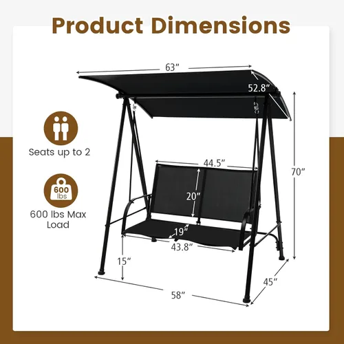 Miniatura 7 de HAPPYGRILL Columpio para exteriores para 2 personas con toldo, silla de columpio para porche de patio con marco de metal resistente, tela de asiento