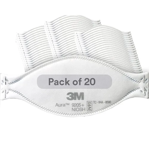 3M Aura - Respirador de partículas 9205+, N95, paquete de 20 respiradores desechables, envueltos individualmente, diseño de pliegue plano de 3