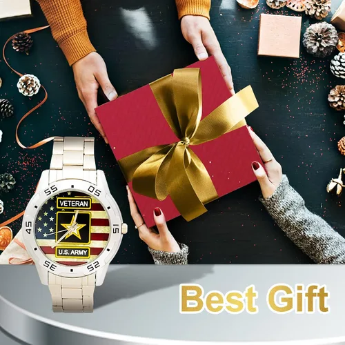 Miniatura 8 de Reloj analógico de acero inoxidable para hombre diseño especial militar veterano y bandera estadounidense diseño personalizado con caja de metal