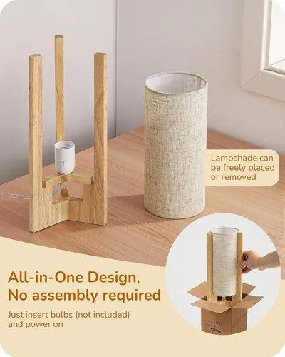 Miniatura 5 de EDISHINE Lámpara de mesa pequeña de madera, lámpara de noche moderna de 13.5 pulgadas, pantalla de lino beige, lámpara cilíndrica de madera natural