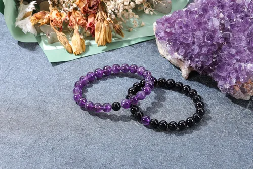 Miniatura 2 de Jovivi 2 pulseras elásticas de piedra curativa de obsidiana negra y amatista de 0.315 pulgadas, hechas a mano, piedras preciosas redondas naturales