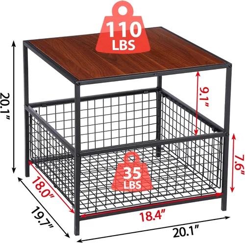 Miniatura 3 de SUPER DEAL Mesa auxiliar de 2 niveles con cesta de malla, mesa auxiliar cuadrada de 20 pulgadas para dormitorio, sala de estar, mini soporte