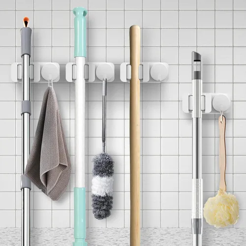 Miniatura 5 de Lxssyil - Soporte de pared para escoba, paquete de 4, soporte de pared autoadhesivo para baño, cocina, garaje, cuarto de lavado, color blanco