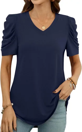 Miniatura 2 de Anydeer Blusa holgada de verano con mangas abombadas para mujer, estilo casual, cuello en V, sin botones