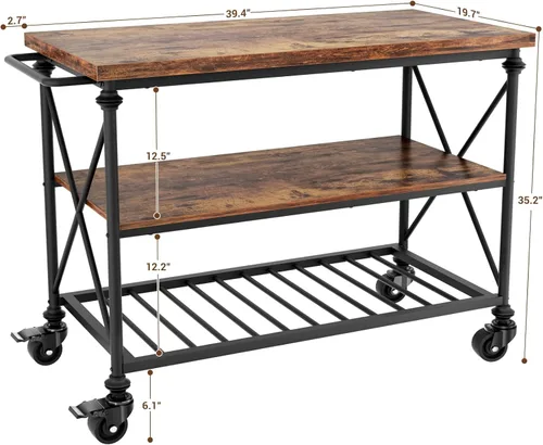 Miniatura 3 de Carrito de isla de cocina Homieasy con ruedas, mesa de isla de cocina rodante de 3 niveles de madera y metal con patas de tubo, estantes