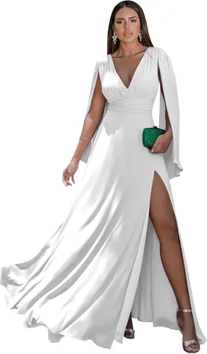 Miniatura 33 de Women's Long Sleeve Bridesmaid Dresses V-Neck Chiffon Ruched Formal Dress Evening Gown with Slit