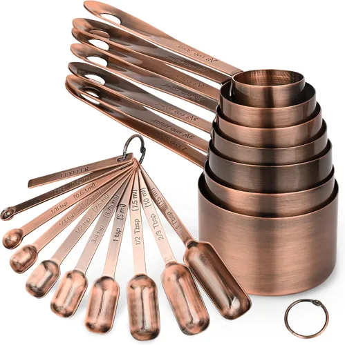 Juego de tazas y cucharas medidoras, juego de 17 tazas medidoras y cucharas medidoras de cobre, 7 tazas medidoras y 9 cucharas medidoras con 1