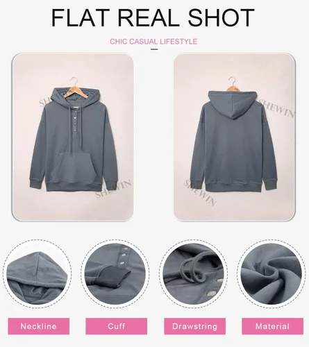Miniatura 5 de SHEWIN - Sudadera casual con capucha de manga larga, con botones y cordón para mujer, holgada y con bolsillo