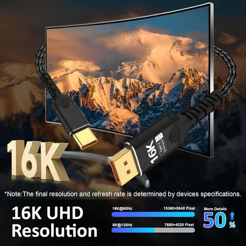 Miniatura 4 de Displayport a USB C bidireccional USB C a DisplayPort 2.1 Cable compatible con resolución 16K @60Hz 8K @120Hz Thunderbolt 5 trenzado compatible