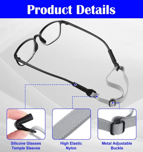 Miniatura 2 de 4 Pcs Glasses Strap, Adjustable Athletic Straps for Glasses with Elastic Band, No Tail Design for Men, Kids & Boys (Black & Gray)