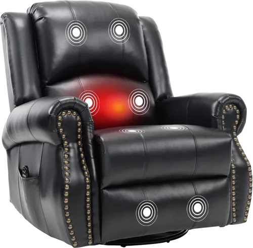 Miniatura 15 de PELUMY Silla reclinable giratoria de cuero transpirable para adultos, balancín giratorio de 360° con masaje térmico y vibratorio, silla de descanso