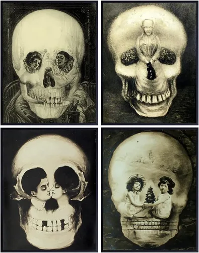 Juego de arte de pared y decoración de calavera – Decoración gótica – Arte de pared gótico – Impresión pagana – Ilusiones ópticas de calavera