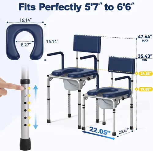 Miniatura 5 de Asiento sanitario plegable para el costado de la cama con brazo desplegable, inodoro con asiento acolchado y respaldo, capacidad de 136kg, cubo Azul
