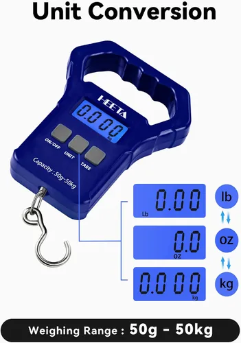 Miniatura 3 de HEETA Báscula de pescado, báscula digital portátil de pesca colgante de 110 libras / 110.2 lbs con pantalla LCD retroiluminada, báscula de equipaje