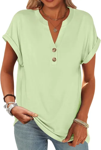 Miniatura 35 de ANRABESS - Camisetas Henley de manga corta para mujer, cuello en V, elegantes, estilo informal, de corte suelto; blusas fluidas de verano, ropa