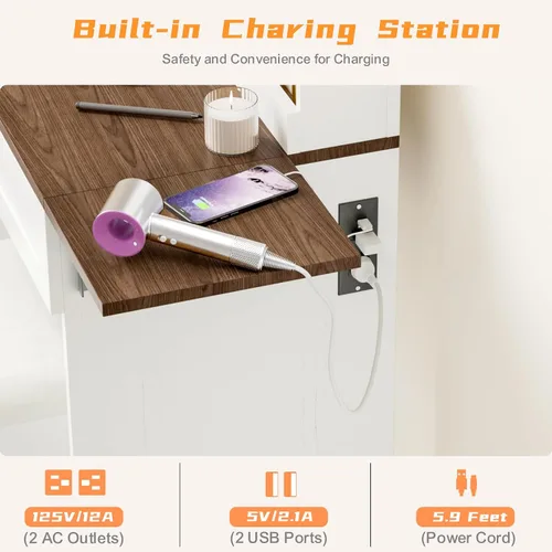 Miniatura 5 de NUNU LAB Escritorio tocador con espejo y luces con 6 cajones y 4 armarios, gran mesa de maquillaje para mujeres con toma de corriente, iluminación