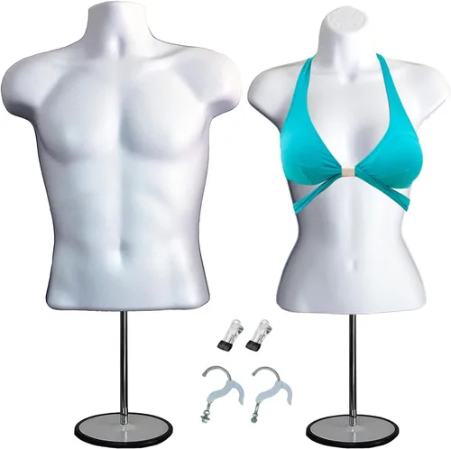 Juego de maniquí blanco con espalda hueca para hombre y mujer, con clips para ropa, soportes de metal y postes de metal y ganchos para colgar,