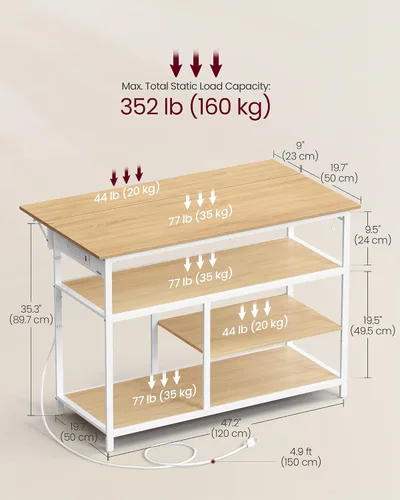 Miniatura 6 de VASAGLE Isla de cocina con hoja abatible, carrito de cocina rodante de 47.2" de ancho con regleta de enchufes, superficie de trabajo extensible