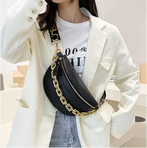Miniatura 2 de Riñonera de cadena gruesa para mujer, bolso de cintura de cuero a cuadros, bolso cruzado de hombro, bolsos de pecho de lujo, bolsos de diseñador