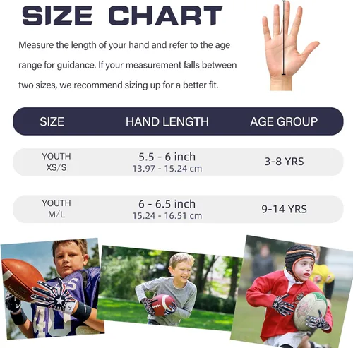 Miniatura 5 de Guantes de fútbol americano para niños, guantes receptores de fútbol americano juvenil, excelente agarre con silicona adhesiva, antideslizantes