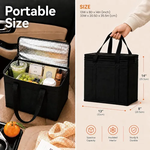 Miniatura 54 de NZ home Bolsa térmica XXL aislada y calentador de alimentos para entrega y compras de comestibles con parte superior con cremallera, color negro