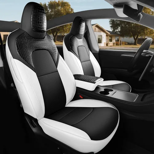 Miniatura 18 de Fundas de Asiento Negras para Tesla Model Y, Funda de Asiento de Coche Tesla de 12 Piezas, Impermeable, Cuero Nappa, Totalmente Envueltas, Negro