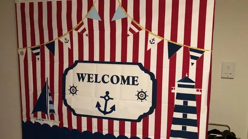 Miniatura 2 de Fondo de fotografía para fiestas temáticas náuticas de 7 x 5 pies, color rojo y blanco, a rayas marinas, barco, decoración de fondo para niños