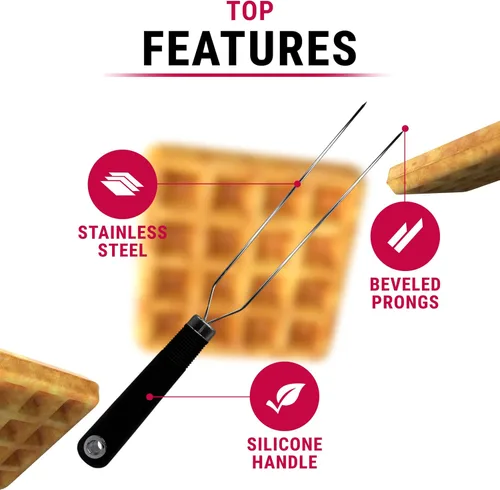 Miniatura 6 de Tenedor de gofres para gofres belgas, herramienta de cocina de acero inoxidable multiusos con mango de silicona, puntas biseladas, accesorio