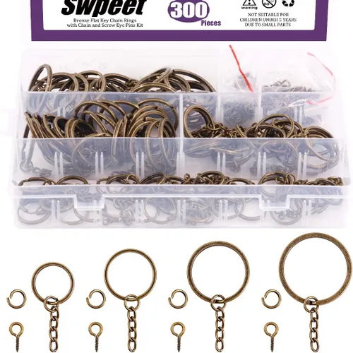 Miniatura 8 de Swpeet Juego de 450 llaveros planos negros de 4/5 pulgadas de 0.787 in, incluye 150 llaveros divididos con cadena y 150 anillos de salto con 150