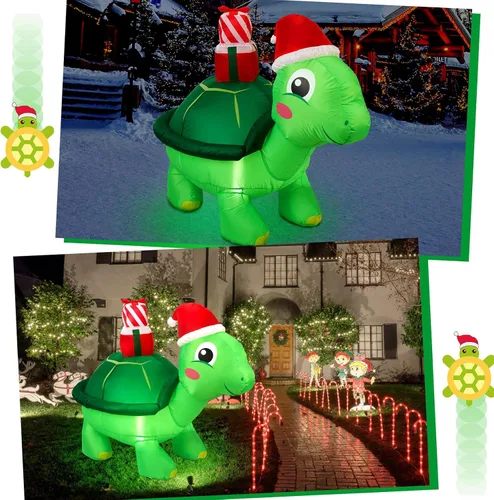 Miniatura 7 de Shappy - Decoración inflable gigante de Navidad de 1.49 m con tortuga con gorro de Papá Noel, decoración inflable con luces LED de Navidad