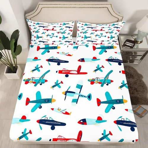Miniatura 3 de Juego de sábanas bajeras de dibujos animados de aviones para niños y niñas, juguetes de dibujos animados, ropa de cama con vehículos aeronáuticos
