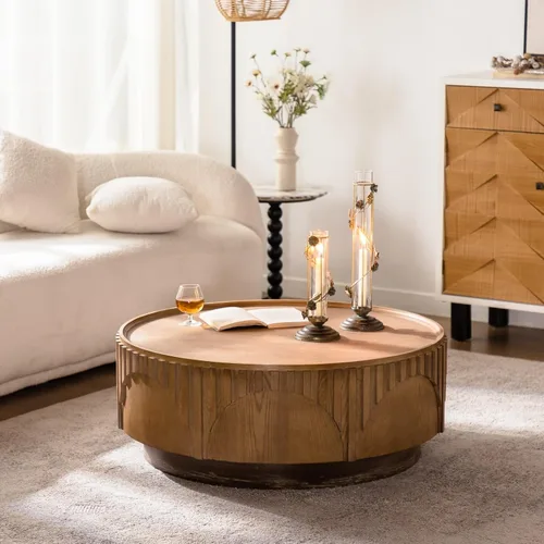 Miniatura 12 de KEVINSPACE Mesa auxiliar negra con borde dorado en la parte inferior, mesa de centro redonda para espacios pequeños, mesa auxiliar de madera mesita