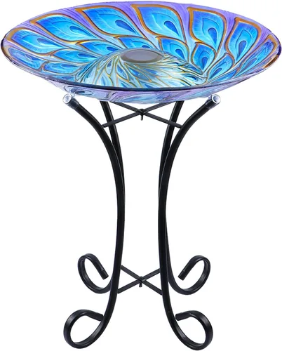 Miniatura 6 de MUMTOP Baño solar para pájaros de cristal al aire libre con soporte de metal para césped, patio, jardín, decoración de pavo real, 18 pulgadas
