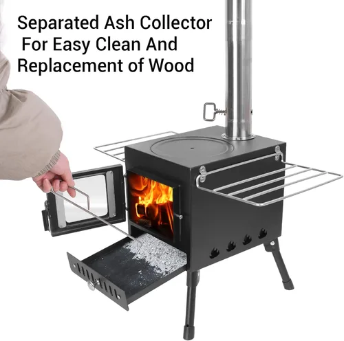 Miniatura 5 de Estufa de leña, estufa de madera con tubos de chimenea, pequeña estufa de madera para acampar con protección contra chispas y tubo ajustable