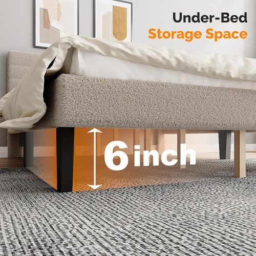 Miniatura 7 de VINGLI Base de cama individual para niños, cama de plataforma tapizada Boucle con cabecera ajustable, soporte de listones de madera resistente, cama