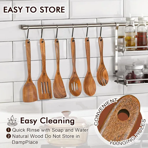 Miniatura 6 de Cucharas de madera para cocinar, 6 piezas, juego natural de utensilios de cocina de madera de teca, juego de utensilios de cocina con mango largo