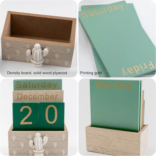 Miniatura 6 de Notakia Calendario perpetuo, calendario de madera para oficina en casa, accesorios de escritorio, calendario vintage de bloques de madera (verde)
