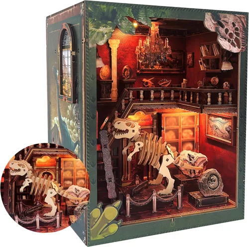 Soothee Kit de manualidades Rincón del libro con luces LED (Museo de Dinosaurios) - Rompecabezas 3D para adultos y adolescentes, miniaturas y kits