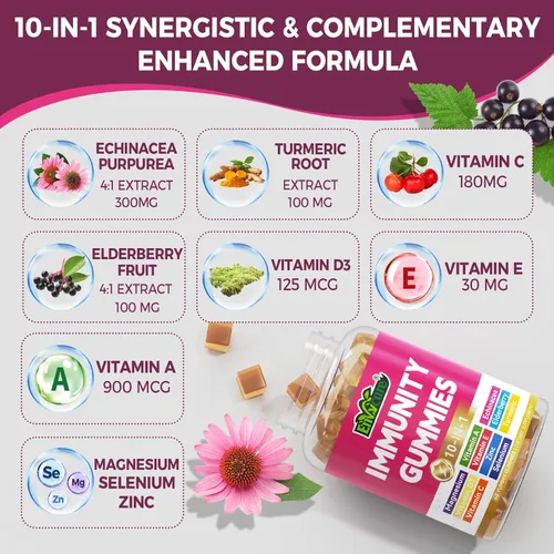 Miniatura 3 de Gomitas de suplemento de apoyo inmunológico 10 en 1, con equinácea, saúco, vitamina C y zinc, selenio, vitamina D3 5000IU, magnesio, multivitamínico